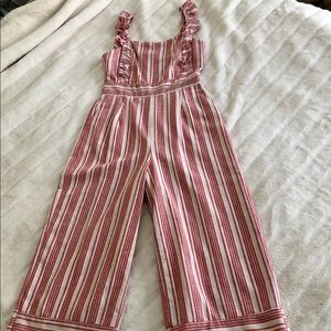 Red & white striped ruffle linen jumpsuit, size S/XS